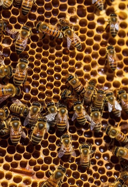 A detailed view of a honeycomb dripping with honey inside a beehive, 
with honeybees actively working on it.