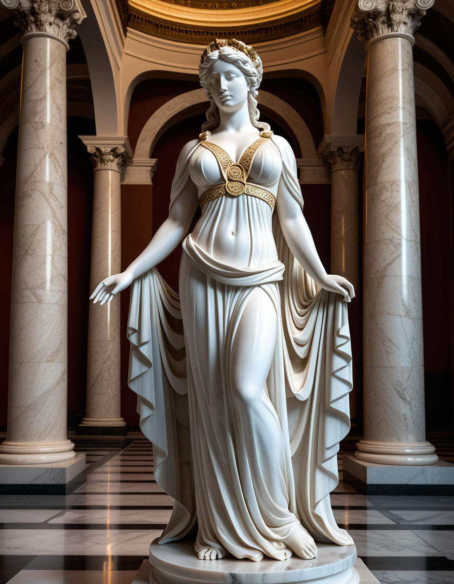 full body,cowboy shot, (Beautiful white marble statue of Greek goddess,hestia:1.3),big breasts,perfect breasts, Symmetrical composition, Flowing robes, Graceful pose, (Detailed facial features:1.2), Polished marble texture, Intricate carvings, (Elegant museum pedestal:1.2), Grand museum hall, High vaulted ceilings, Ornate columns, Reflected light on marble, (Soft natural lighting:1.3), Subtle shadows, Majestic ambiance.Masterpiece,best quality,hi res,8k,hi res,8k,award winning,(sharp focus, intricate, highly detailed),