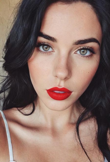 instagram photo, European girl, black hair, perfect detailed eyes, natural skin, red lips