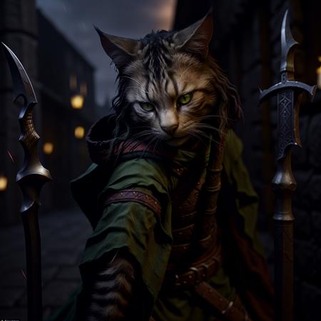 <lora:RPGTabaxi:1.0> tabaxi:1.2, solo, looking at viewer, weapon, holding weapon, dagger, belt, cloak, green eyes, blurry, blurry background, realistic:1.3, medieval alley, 32k, intricate details, depth of field, ((night))