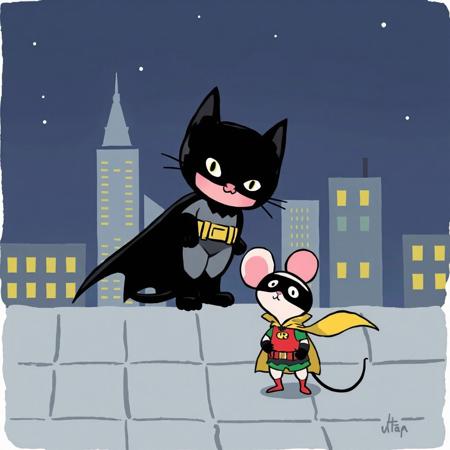 a cat in a batman suit over a roof in gotham city in the night and a little mouse with a robin suit