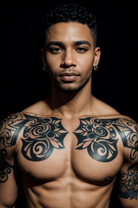 1boy, close up, gorgeous black man, alluring eyes, body tattoos, piercings, looking at viewer, black background, head on