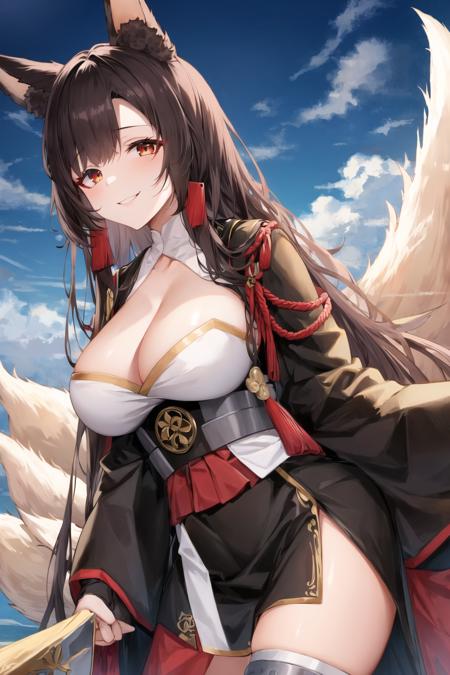 masterpiece, best quality, AkagiV4, azur lane, akagi (azur lane), 1girl, animal ears, black hair, black kimono, breasts, brown hair, brown tail, fox ears, fox girl, fox tail, gloves, japanese clothes, kimono, kitsune, large breasts, long hair, looking at viewer, multiple tails, red eyes, smile, tail, <lora:AkagiV4-10:0.8>