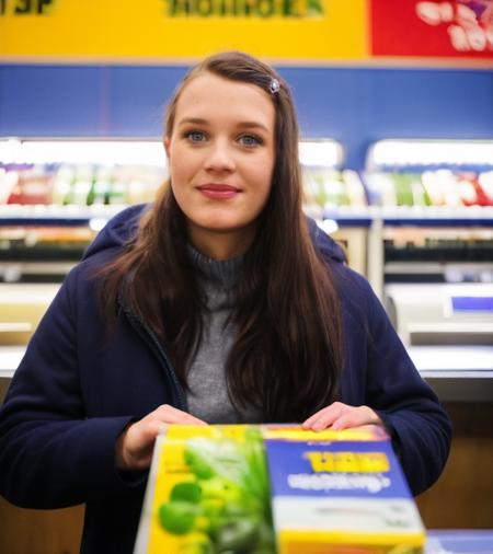 (upper body face),color photo,25 years old,woman cmbkvacice,(smiling:0.5),sitting behind the cash register at the supermarket,wearing a dark blue shop assistant's coat,cash register in the front,highly detailed background,Fujifilm XT3,analog style <lora:IvaComeback_v1_1122_relib_cmbkvacice-000180:0.9>