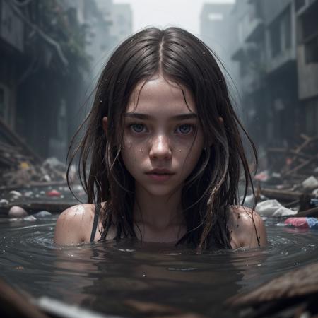 8k uhd,by Alessio Albi, dusty particles depth of field,detailed BREAK young girl whose face is centered in the frame, the beauty of her face is obscured by a massive pile of diverse debris surrounding her, almost as if she is drowning in it, contrast between, youth,chaos,surrounding trash, provoking composition,(detailed ambient,intricate ambient_occlusion, detailed)