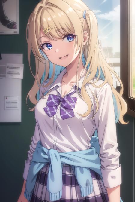 lunashirakawa, <lora:lunashirakawa-lora-nochekaiser:0.8>,
luna shirakawa, long hair, blue eyes, blonde hair, hair ornament, bow, multicolored hair, hairclip, <lora:talkmouth_E_v100:1>, open mouth, smile,
BREAK skirt, shirt, thighhighs, bow, school uniform, white shirt, pleated skirt, shoes, black thighhighs, bowtie, blue skirt, plaid, plaid skirt, loafers, purple bow, clothes around waist, gyaru, purple bowtie,
BREAK looking at viewer,
BREAK indoors, classroom, (cowboy shot:1.5),
BREAK <lyco:GoodHands-beta2:1>, (masterpiece:1.2), best quality, high resolution, unity 8k wallpaper, (illustration:0.8), (beautiful detailed eyes:1.6), extremely detailed face, perfect lighting, extremely detailed CG, (perfect hands, perfect anatomy),