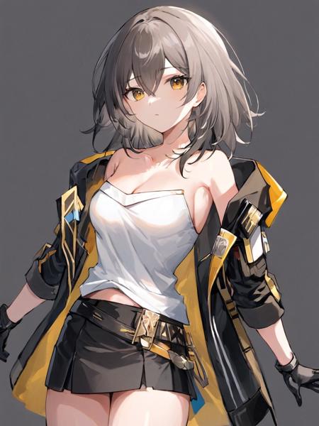 ultra-detailed,(best quality),((masterpiece)),(highres),original,extremely,<lora:starx_xl:1>,xing,1girl,solo,shirt,gloves,skirt,black gloves,white shirt,jacket,black skirt,simple background,open clothes,open jacket,belt,collarbone,black jacket,cleavage,miniskirt,medium breasts,