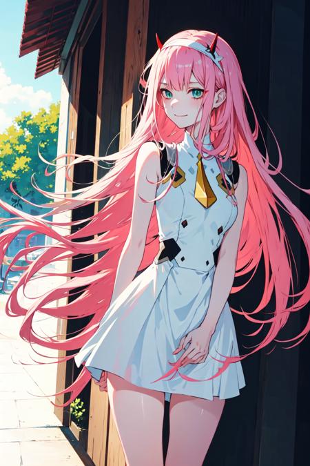 zerotwo, 1girl, solo, blush, rose blush, indoor, long hair, looking at viewer, smile, closed mouth, medium breasts, Standing, very long hair, green eyes, pink hair, hairband, horns, shiny, shiny hair, aqua eyes, straight hair, :p, white hairband, double-breasted, honey, masterpiece, realistic, anime, <lora:zerotwo:1>,  <lora:skirt_tug_v0.1:1.0>
1girl, clothes tug, cocktail dress, cocktail glass, wind,best quality, highly detailed, sleeveless