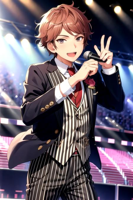 <lora:AkiomiKunugi-02:0.75> , akiomi, looking at viewer, smile, open mouth, holding, jacket, open clothes, striped, pants, vest, clenched hand, microphone, holding microphone, idol, idol clothes