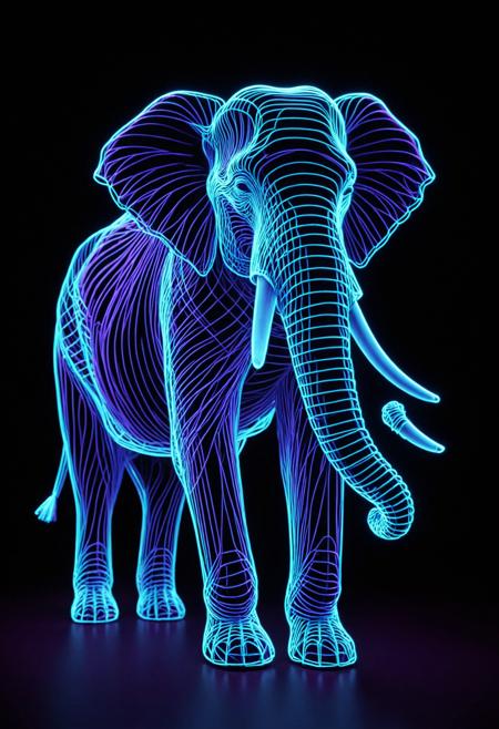 wireframe of a neon elephant is walking across a black background with blue and purple lights on it's face and tail, artist, neon lighting, a hologram, holography