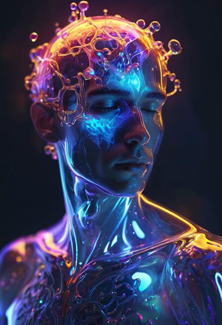 fantasy portrait of a person with a glass body and head filled with glowing liquid, intricate details, ethereal lighting, magical atmosphere, vibrant colors, 8k, highly detailed, trending on artstation