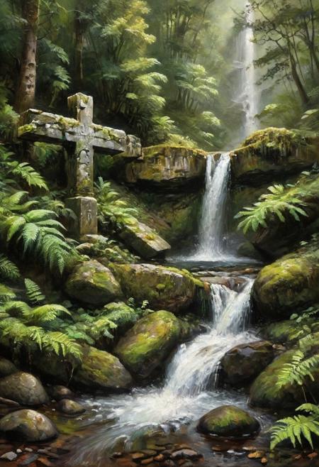 oil painting featuring a dynamic natural setting. In the foreground sturdy, rustic, weathered planks, supported by stone pillars cross over a small, clear stream. The stream cascades down a series of waterfalls, spray rising from the foaming water. Surrounding the water are lush green ferns and moss-covered rocks, adding to the verdant atmosphere. In the background, a mountainside rises, covered with dense foliage and a few scattered trees, under a cloudy sky. The overall composition is energetic and exciting, capturing the essence of the beauty and power of falling water.