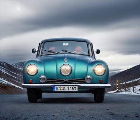 winter icy snowy landscape, car view front, bright teal ivory and red shiny racing carpaint , dystopian thriller, ((masterpiece)) dramatic night, shadow under dramatic valley  mountains, cloudy dust storm <lora:tatra87:0.7> night