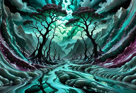Concept: Living Landscape, Fluid Environment, Breathing World, Morphing Nature, Mystical Valley, Dreamscape.
Material: Liquid Marble, Fluid Stone, Ethereal Solid, Translucent Texture, Melted Marble, Shifting Form, Abstract Viscosity, Dynamic Surface, Palpable Liquid, Gel-like Structure, Glowing Marble, Iridescent Flow, Sculpted Liquid, Vaporous Stone, Morphing Material.
Landscape Elements: vast valley, monumental mountains (liquid marble), flowing rivers (liquid marble), glowing lakes (liquid marble), pulsating ground, trees (liquid marble), shimmering foliage, ethereal mist, organic forms, smooth surfaces, polished stone.
Effects: subtle morphing, slow motion on surfaces, internal glow, light refractions, swirling patterns, ethereal aura, warped reflections, dynamic light play, shimmering, pulsating, liquid flow on landscape.
Colors/Hues: deep aquamarine, emerald green, sapphire blue, smoky grey, white, silver, pearlescent, with internal light in gold, magenta, or cyan. Dominantly cool tones with iridescent accents.
Background: alien sky, misty horizon, floating clouds, distant cosmic phenomena.
Style: conceptual art, fantasy landscape, surrealism, highly detailed, atmospheric, majestic, enigmatic, captivating, inscrutable, dreamlike.