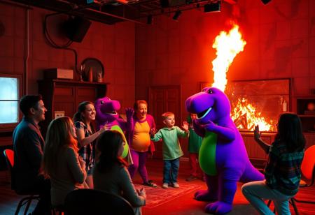 In a forgotten TV studio, a group of nostalgic fans gathers for a bizarre reunion of their favorite childhood show featuring Barney, the cuddly dinosaur. As they reminisce, the walls pulse with eerie energy, awakening a sinister presence linked to the beloved purple monstrosity. 
As they dance around in a do-si-do, the atmosphere shifts—the cheerful verses become chilling, and Barney begins to wave his arms frantically. The laughter fades as the creature's charm takes hold, binding the fans to their memories, trapping them in a cycle of joy and terror. Suddenly, Barney brushes against a flickering candle, igniting the costume in a blaze of crimson flames.
Instead of panic, the group erupts in laughter, a twisted delight filling the studio as they cheer for the spectacle. “Oh boy, Barney's on fire!” they chant, embracing the chaos, their humanity slipping away. But as the flames consume their beloved dino, the twisted truth unfolds: they are not merely fans, but ancient devotees, sacrificing their past for the beast's eternal reign, lost in a hellish performance from which there is no escape.