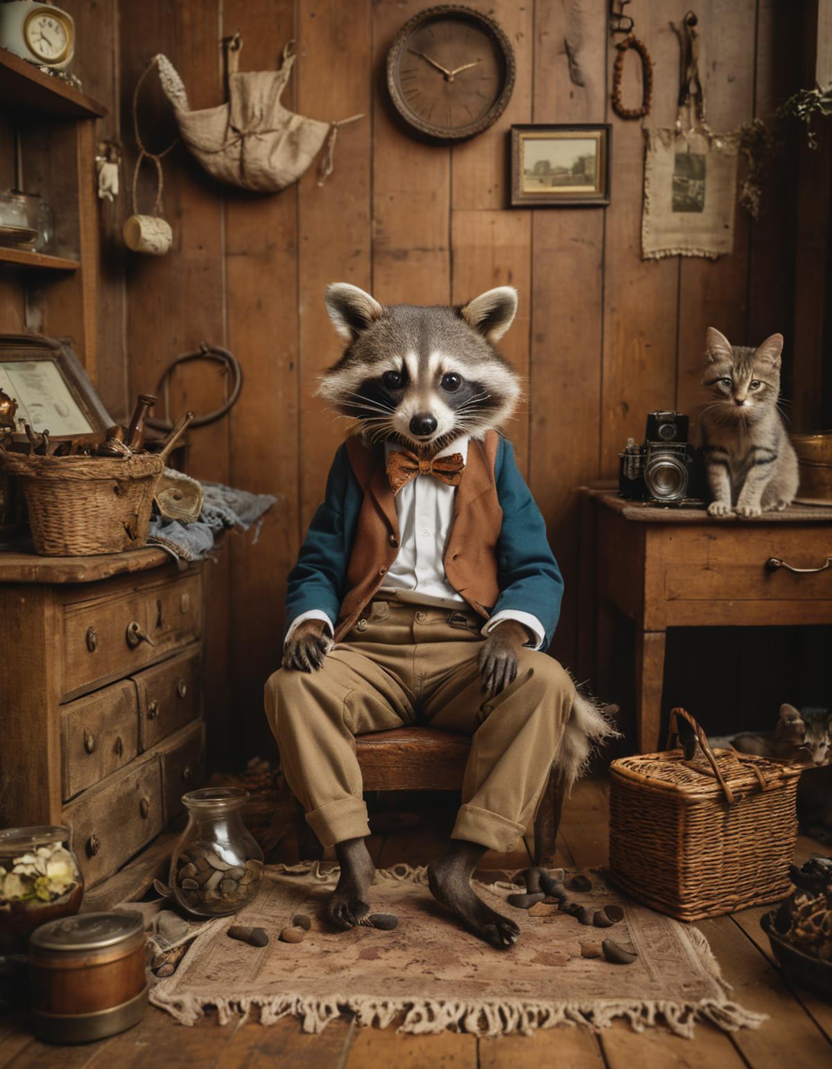 A raccoon wearing a suit and bow tie sitting on a wooden chair.