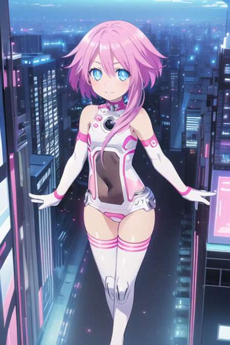 1girl,blue eyes,gloves,bare shoulders,pink hair,elbow gloves,long hair,looking at viewer,blush,symbol-shaped pupils,smile,white gloves,leotard,solo,power symbol,thighhighs,covered navel,hair between eyes,small breasts,white leotard,full body,boots,thigh boots,short hair with long locks,white footwear,white thighhighs,turtleneck,halterneck,thigh gap,magical girl,bodysuit