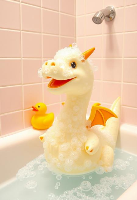 in a pastel bathroom with a rubber ducky, an adorable dragon made entirely of shampoo bubbles.