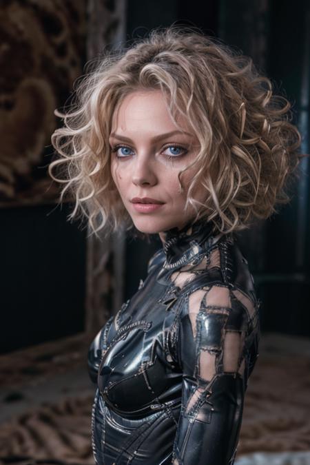masterpiece, best quality, cinematic, volumetric lighting, very detailed, high resolution, sharp, sharp image, 4k, 8k, 35 mm,
<lora:Catwoman1992_MichellePfeiffer_smf_lora_v1-000005:0.9>, 1girl, c4tw0m4n5p-smf, solo, blonde hair, blue eyes, realistic, short hair, lips, looking at viewer, upper body, closed mouth, blurry, bodysuit, ruined hair, ruined makeup, ruined bodysuit
<lora:add_detail:0.4>