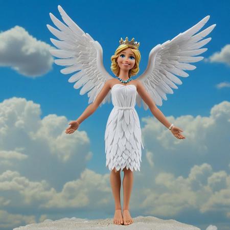novuschroma51 style, claymation, a woman made of clay, blonde hair, white wings, barefoot, solo, angel, jewelry, white dress, anklet, angel, wings, short hair, full body, bare shoulders, looking at viewer, clouds background, feathered wings, toes, blue eyes, feet, bracelet, braid, smile, gem,sleeveless, armlet, crown, closed mouth, realistic, photorealistic, lips, pants, flying, bracer, floating, toe ring, necklace