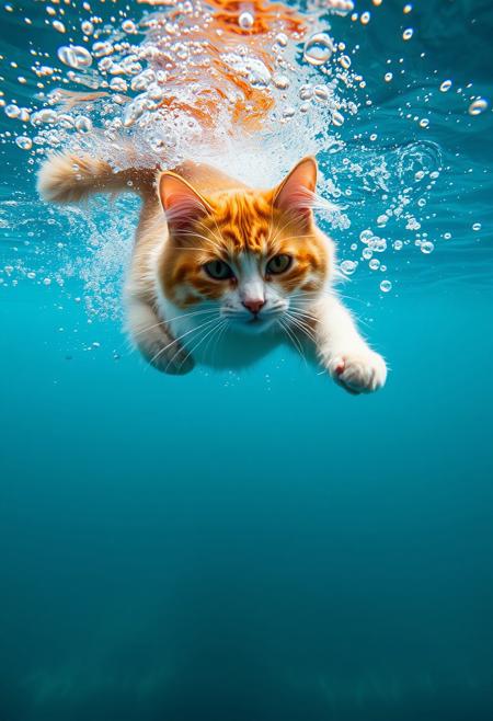 (Soft Lighting Photography by Mimoza Veliu and Mario Giacomelli:1.2), an underwater photograph of a charming orange and white domestic longhair cat diving into the ocean, captured in a high-speed shot that freezes the moment she breaks the surface. The scene is bathed in natural light, with intricate bubbles and ripples forming around.
