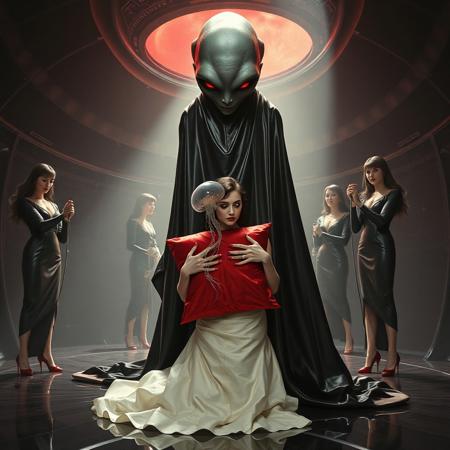 high-society elegant slender norvegian rich innocent young bride  kneeling  weird red glossy foil pillow from behind. She is ensnared by a towering, gray human-like alien, draped in a long, glossy black slime cloak, its eyes gleaming red with an otherworldly intensity.  its hands  putting slime transparent alien jellyfish at her head. Encased in light beam from the alien breeding chamber celling. Surrounded by strict ladies wearing  glossy satin dominatrix attire and glossy high heels,  holding whips.   weird wet-look black slime  walls and floor, colossus observation blister to outer space full of stars, bright red moon, vintage-inspired makeup, long hairs, ultra thin waist, evil grin, porcelain skin, lipstick, red nails, in the style of a haunting, retro-futuristic 1950s sci-fi nightmare, horror, alien space base,,