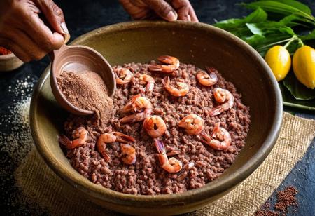 A photograph capturing the process of preparing shrimp paste, also known as belacan or terasi. It could depict someone grinding shrimp with salt in a traditional mortar and pestle, 8k resolution,