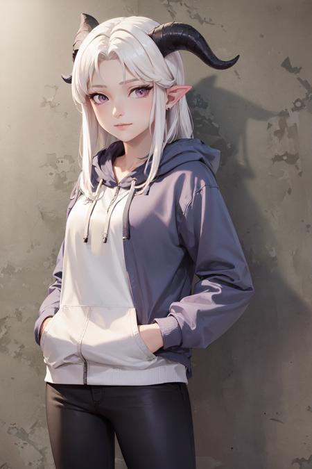 (masterpiece, best quality:1.2), <lora:thedragonprince_rayla-10:0.3>, solo, 1girl, rayla, slight smile closed mouth, looking at viewer, hand in pocket, long white hair, horns, purple eyes, hoodie, black pants