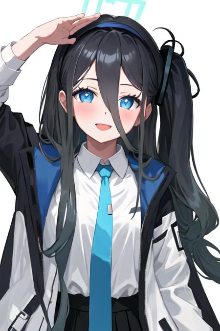 best quality, masterpiece, highres, solo, {arisu_bluearchive:1.15}, long_hair, black_hair, blue_eyes, halo, hair_between_eyes, smile, blush, bangs, very_long_hair, hairband, one_side_up, black_hairband, necktie, blue_necktie, open_mouth, 1girl, collared_shirt, looking_at_viewer, shirt, simple_background, upper_body, white_shirt, jacket, white_background, school_uniform, closed_mouth, open_clothes