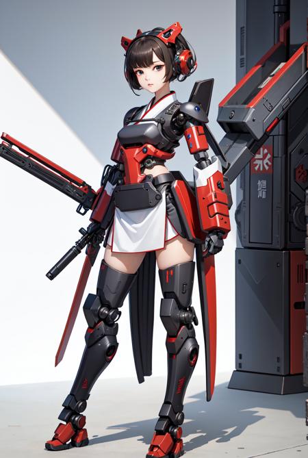 best quality, high_resolution, distinct_image, detailed background ,hanbok,fused robot,girl,holding weapon,mecha musume:0.5, in factory,exoskeleton,