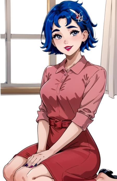 best quality, (masterpiece),(ultra-detailed), (high quality), (high resolution),  <lora:emily-10:0.7>,1girl, blue hair, emily,  hair ornament, lipstick, looking at viewer, meme, nail polish,   seiza, short hair, sitting, smile, solo, teeth, upper body, white background, window, red dress, pink shirt,