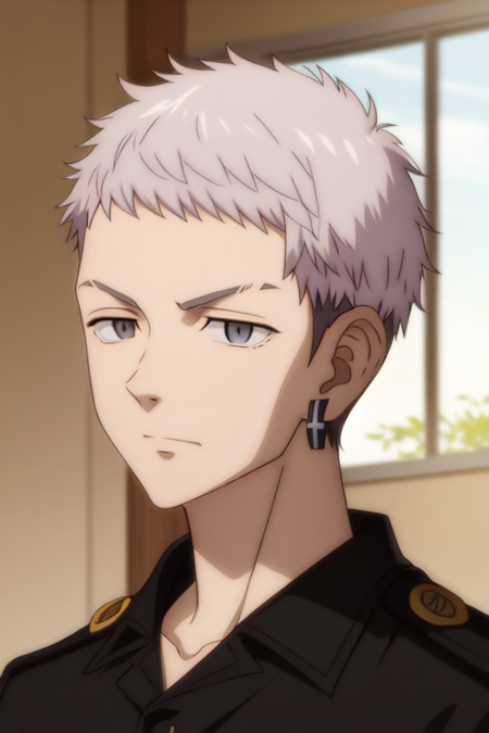 takashi mitsuya 1boy male focus grey hair short hair grey eyes jewelry earrings single earring