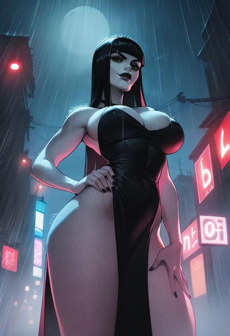 score_9, score_8_up, score_7_up, score_6_up, score_5_up, score_4_up, goth girl, pale skin, heavy freckles, large breasts, city, rain, night, revealing maxi slit dress, transparent clothing, see-through clothing, vibrant rimlight, dark theme, low light, fishnet pantyhose, hand on hip, blunt bangs, thick lips, confident smirk, from below, slim