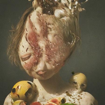 An award winning portrait photograph, a gorgeous busty bombshell brunette woman, by Rembrandt, gravitational lensing, hoph fibration bundles distortion of features of fruit, watermelon, apples, grapes, pears, figs, fern, flowers, flies, Leica M3, strobe flash, 3d stereoscopic color photograph, back lit,