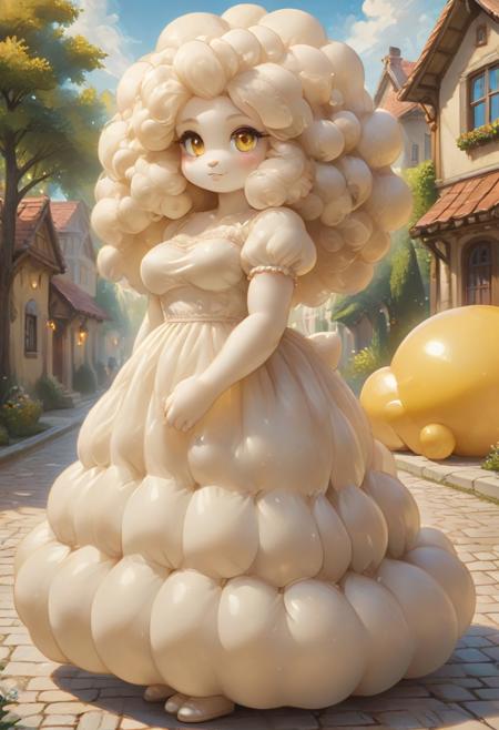 solo_female, full_body (white skin female), masterpiece, best quality, amazing quality, very aesthetic. Elegant woman, Furry sheep, white fur female, fluffy sheep female, large fluffy white afro, large curly white afro, golden eyes, big hair, afro, zynflatable, inflatable, (modest inflatable maxi dress), yellow inflatable maxi dress, inflatable short_sleeve maxi_dress, yellow, gold, tan, cream, sidewalk, small breasts, white inflatable car, neighborhood background, inflatable houses, leaning against inflatable car