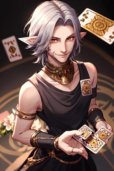 Urianger,  looking at viewer,  smile,  holding,  jewelry,  closed mouth,  flower,  sleeveless,  blurry,  blurry background,  from above,  ring,  card,  holding card, <lora:EMS-48060-EMS:0.800000>