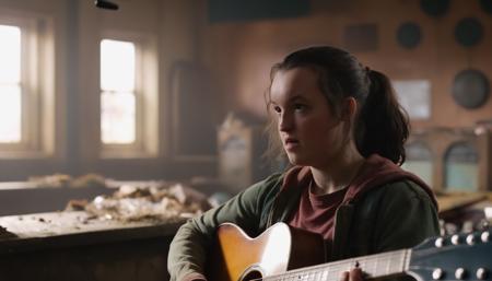 cinematic film still a resilient (ohwx:1.2) girl As Ellie, strumming a guitar in an abandoned music store, a brief moment of solace amidst the chaos., Hair pulled back into a ponytail, signifying her need for practicality in a challenging world., <lora:bella_ramsey_sdxl:1> . shallow depth of field, vignette, highly detailed, high budget, bokeh, cinemascope, moody, epic, gorgeous, film grain, grainy