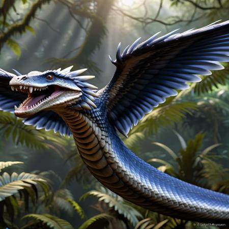 highly detailed portrait photo of a (vringalu):1.2 flying above a dense jungle,

vrinaglue, wings, feathers, teeth, sharp teeth, fangs, snake body,

through a lush jungle,

depth of field:1.2, blurry, blurry background,
realistic:1.3,

photorealistic,
fantasy, cinematic,
32k, best quality, 
god rays:1.2,
dappled sunlight:1.1,




