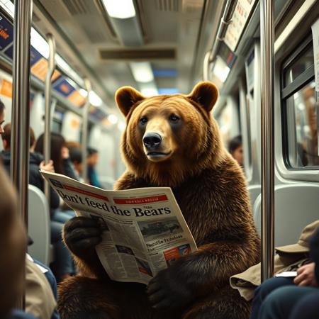 a photorealist brown bear siting in a busy subway between people and reading a news paper with the title"Don't feed the Bears"
