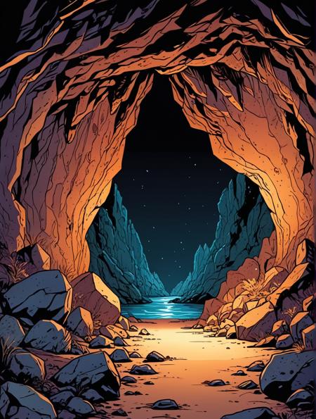 comic  a  hidden cave with mysterious opening
 . graphic illustration, comic art, graphic novel art, vibrant, highly detailed