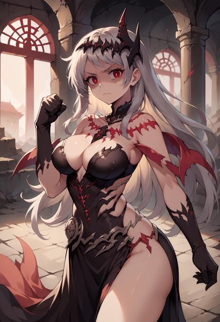 fallenFreyKR red eyes, white pupils grey hair, long hair hair ornament, black strapless dress, black elbow gloves, detached collar, tattoo, red shawl, black boots, cleavage