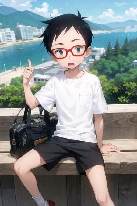 1boy, nishikata, black eyes, sanpaku, shirt, short pants, glasses, city, beach, forest, mountain <lora:nishikata:0.7>