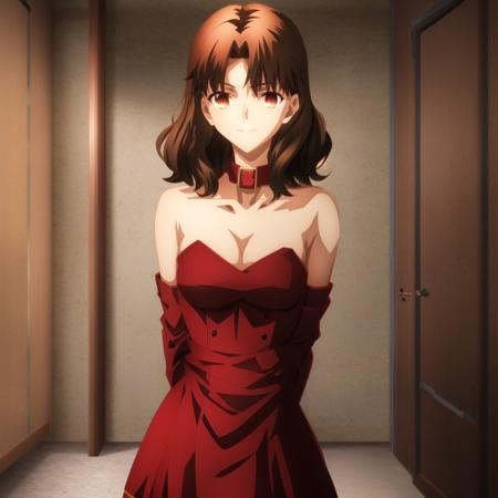 ufotable style, portrait, looking at viewer, 1girl, medium hair, small breasts, smile, brown hair, red eyes, indoors, red dress, bare shoulders, strapless
 <lyco:ufotable_style_lycoris_v3:1.0>