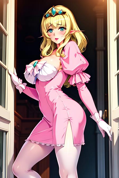 Laura Elfinrine tiara  pink gown with puffy sleeves pink ribbon with a gem on chest  pink long gloves red high heels shoes