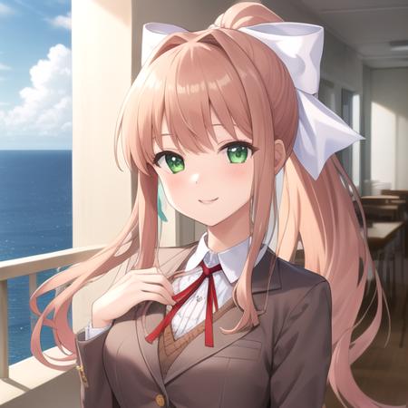 ((masterpiece)),(best quality),official art,extremely detailed CG,unity 8k wallpaper,ultra detailed,A lighthouse on a cliff by the sea,1girl,solo,upper body,(portrait:1.2),monika (doki doki literature club),green eyes,very long hair,black thighhighs,brown hair,blue skirt,smile,school uniform,ponytail,pleated skirt,looking at viewer,brown jacket,long sleeves,white ribbon,hair ribbon,bangs,uwabaki,white footwear,neck ribbon,white shirt,sidelocks,medium breasts,red ribbon,zettai ryouiki,hair bow,white bow,<lora:Monika(ddlc)>,