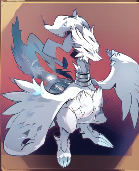 reshiram, standing, full body, smirk, arms up, outstretched arms, looking at viewer, facing viewer, red background, blue background, gradient background, grid background