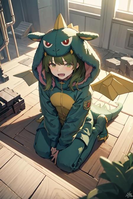 gaogaonichika, 1girl, solo, hood, bangs, green hair, fangs, animal costume, tail, wings,
kneeling, on table, solo, city, dated, from above, machinery, mecha, perspective, ruins, scenery, science fiction, shade, signature
<lora:nichika-gao-v1.1b:1>