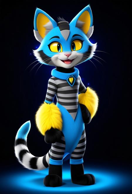 Character,Rocky, Rocky Rickaby, blue eyes, striped fur, striped, pointed ears, eyebrows, smiling, yellow markings, grey body, grey fur, tail, long tail, blue sclera, black ears, cat ears, black cat ears, male anthro cat,, fullbody, full body shot, cartoon style, proud face, excited pose, in the style of golden future. Black background, sparks are flying as meteor shower, colored baroque geometric patterns float around the canvas in the style of colorful digital art, neon lights, surrealism, high contrast, vibrant colors, psychedelic patterns, ethereal glow. The overall mood should be one of happy tomorrow and hopefull beauty