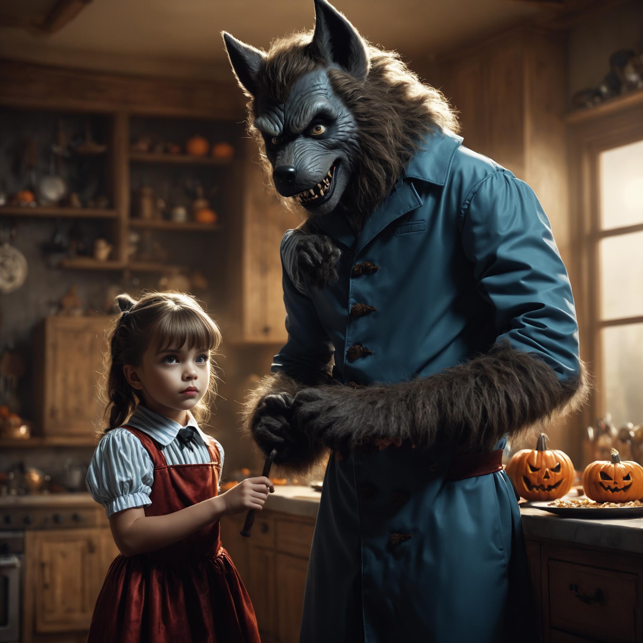 A blue coat werewolf is holding a child with a knife and surrounded by pumpkins.