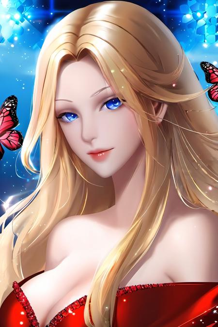 1girl, long hair, hair ornament, solo, blonde hair, blue eyes, bug, butterfly, dress, bare shoulders, looking at viewer, upper body, red dress, holding,huge breasts,shiny,shiny skin,realistic,milf,(mature female:1.2),<lora:fashigirl-v6-sdxl-5ep-resize:0.7>